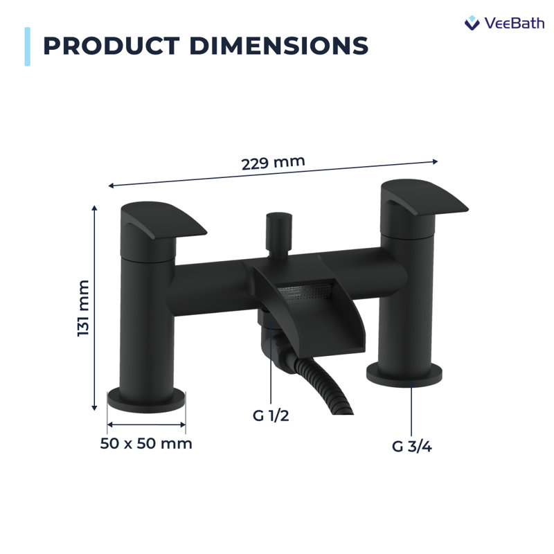 VeeBath Symphony Round Waterfall Bath Shower Mixer Tap with Kit, Matte Black
