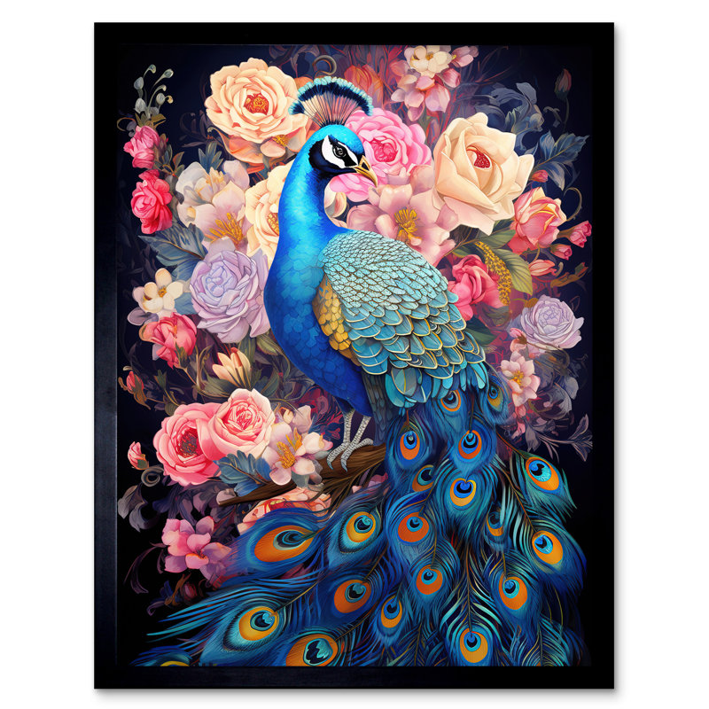 Elegant Peacock With Rose Flower Blooms - Single Picture Frame Print