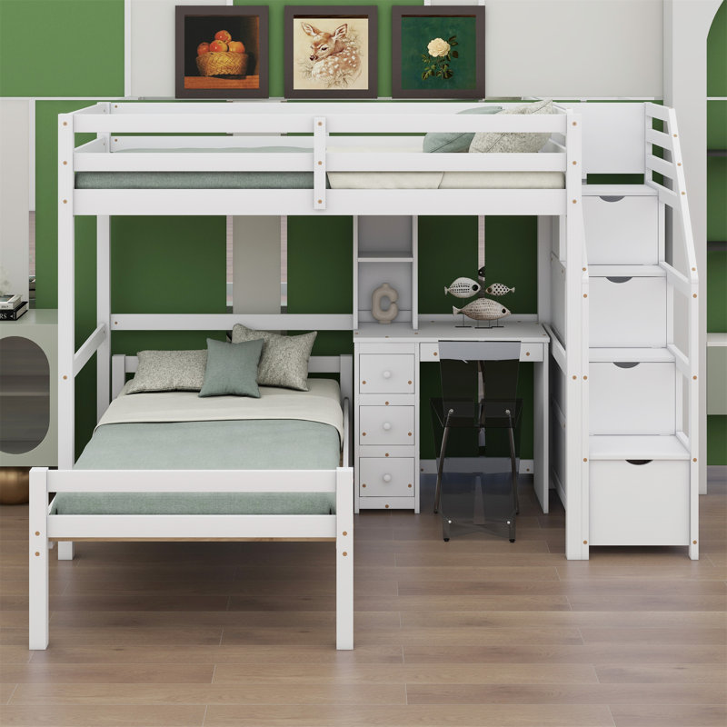 Lit mezzanine avec lit autonome, escalier de rangement, bureau, tablettes et tiroirs, Blanc