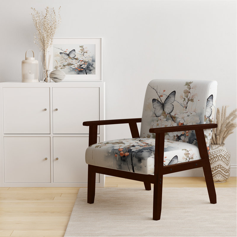 Asian Art White And Grey Butterfly - Upholstered Traditional Arm Chair, Brown Square Arms