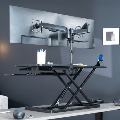 Vivo Black Standing Desk Riser With Dual Monitor Arm For Up To 32" Screens
