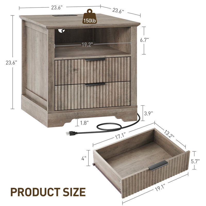 Brisson 23.6"W Farmhouse End Table with Charging Station and Fluted Storage Drawers, Gray