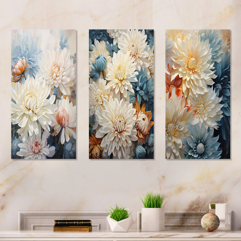 White Mums In Blue Dream - Mums Metal Art Print Set Of 3, 32" H x 48" W