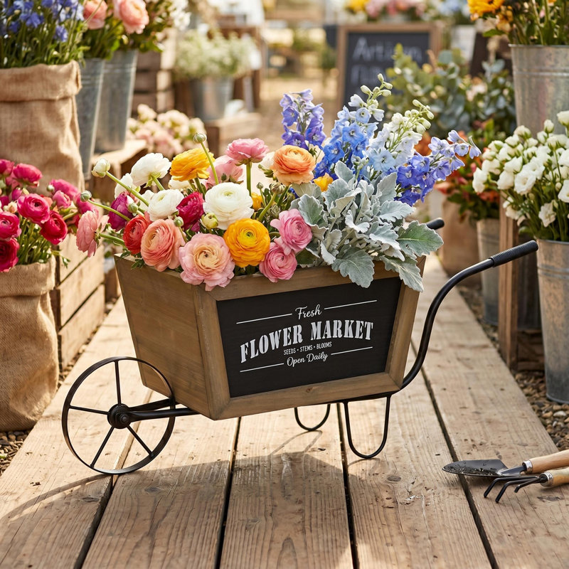 Boîte à fleurs en bois pour charrette brouette en bois avec cadre en métal noir 19,5 po x 8 po x 8,3 po