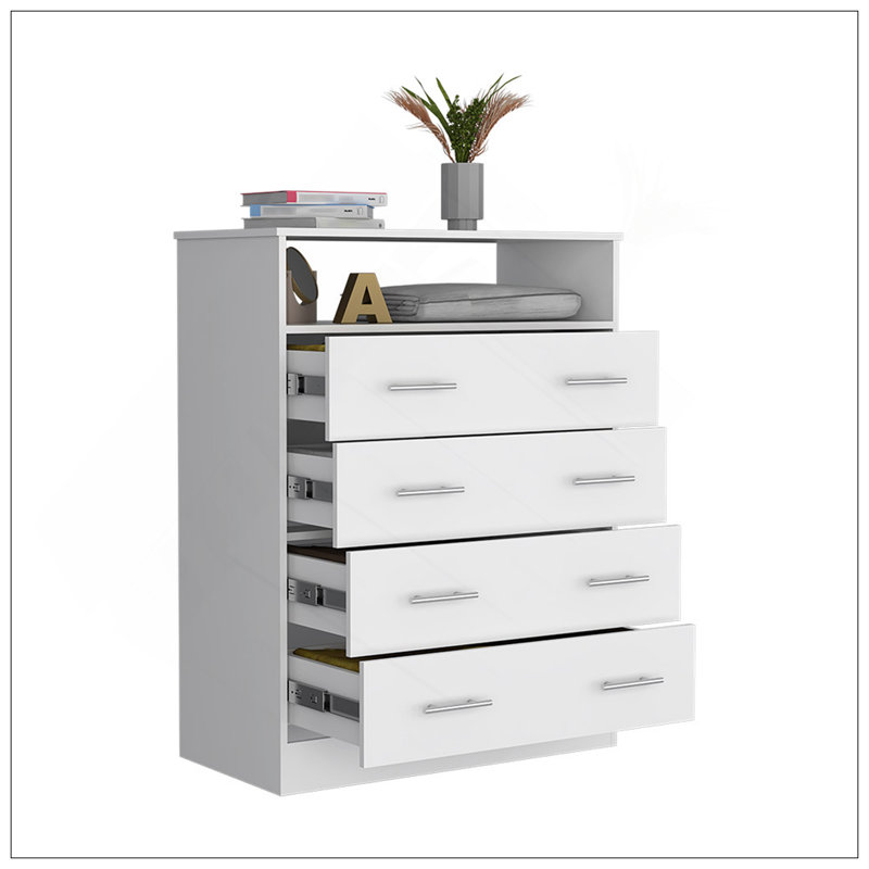Commode 4 tiroirs Pérou, plateau supérieur, 1 tablette ouverte, Blanc