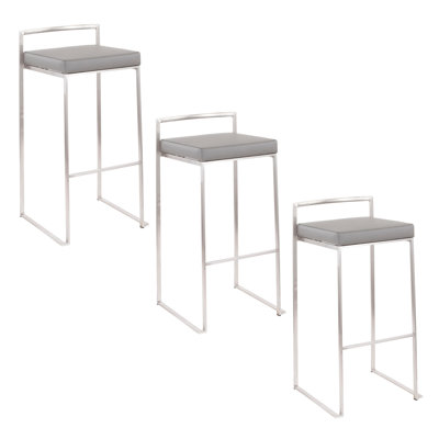 Fuji 30" Contemporary Stackable Barstool In Stainless Steel With Grey Faux Leather Cushion By Lumisource - Set Of 3