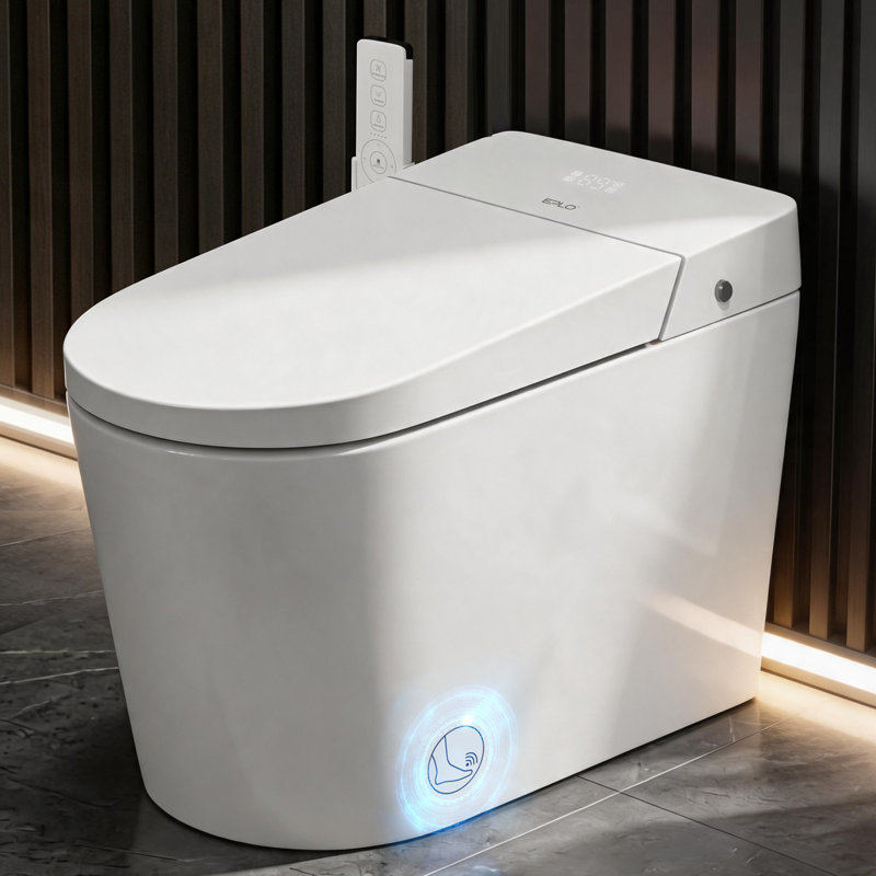 Toilettes monobloc allongées intelligentes avec couvercle à ouverture/fermeture automatique, chasse d'eau intérieure silencieuse, protection en mousse et hauteur confort conforme aux normes ADA