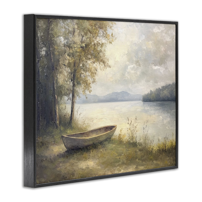 «Boat at Lake's Edge», estampe numérique, conception de Petal Prints Design, H 16 po x l 20 po, Giclée encadrée noir minuit