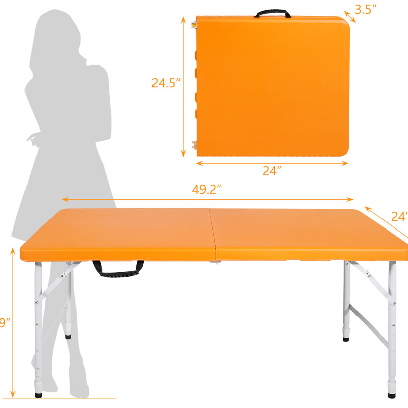 Table pliante portative orange de 4 pi, idéale pour le camping et les loisirs en plein air. Fabriqué avec des matériaux solides - acier et plastique. Plateau de table imperméable et facile. Pliable et ferme. Dimensions: L 49,81 po
