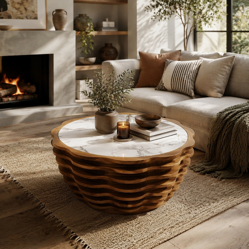 La table basse ronde de 32,1 po, la table basse moderne en forme de fleur, les plateaux de table en pierre avec des motifs de marbre uniques sont idéaux pour le salon, le bureau et le café - entièrement assemblés