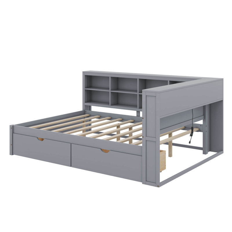 Wooden Full Daybed With 2 Drawers, Shelf And USB Charging Ports, Gray