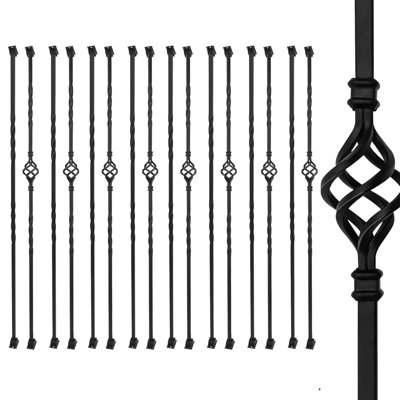 Iron Balusters Stair Spindles - Single Basket Black Double Twist  With Swivel Shoes(Set of 16)