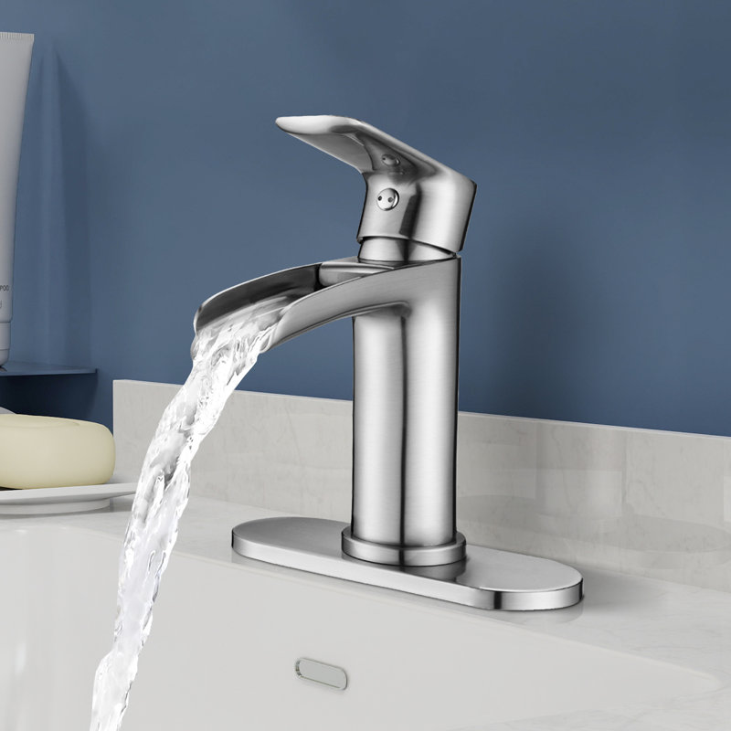Topcraft Single Handle Single Hole Waterfall Bathroom Sink Faucet With Baseplate, Brushed Nickel