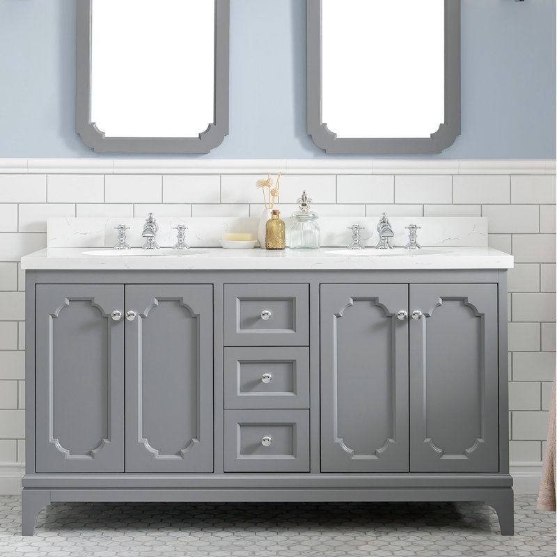 Queen 60" Sink Carrara Engineered Marble Countertop Bath Vanity with Faucet, Hook, Cashmere Grey