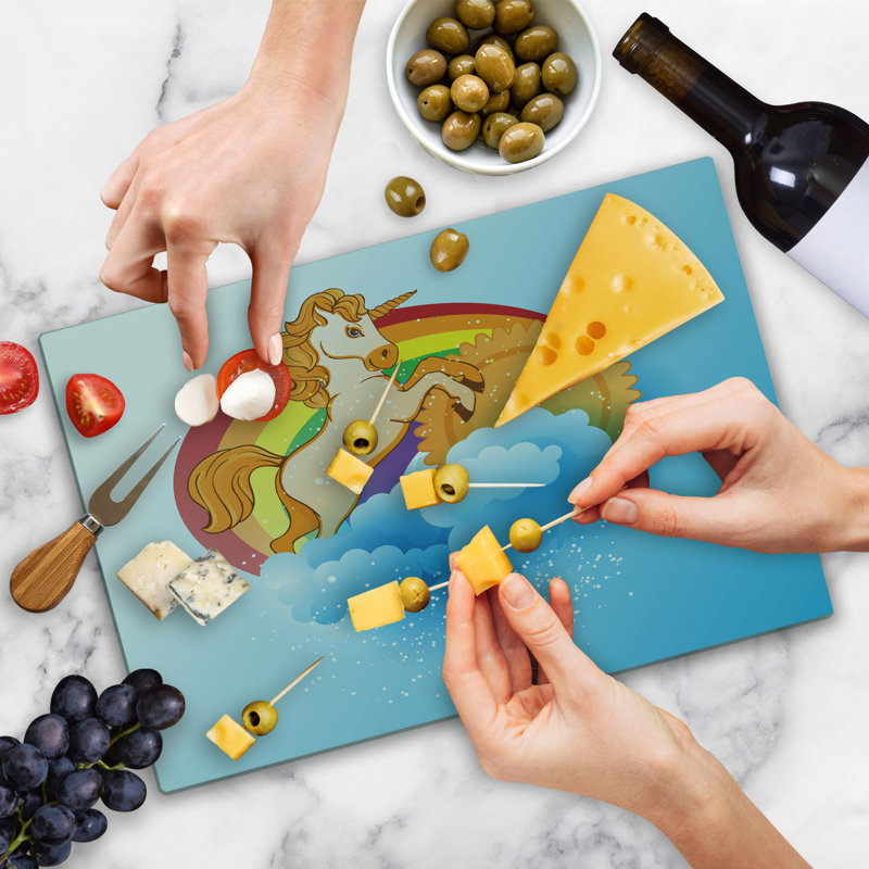 Ambesonne Unicorn Cutting Board Large Size Cartoon Rainbow Multicolor