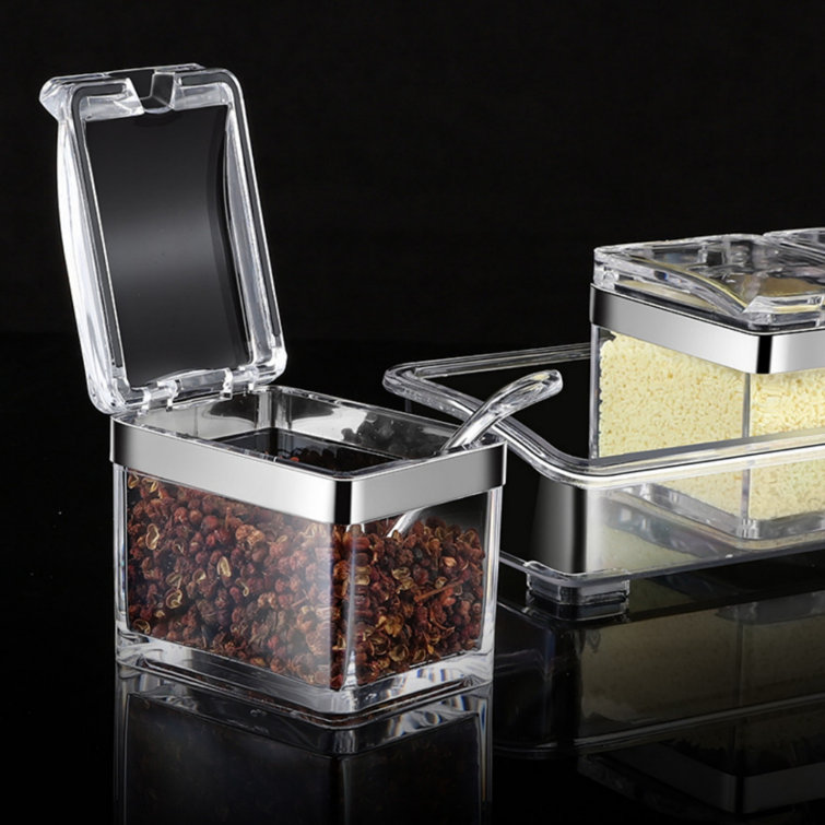 Kitchen Acrylic Seasoning Box - Premium Quality Pure Acrylic Container and Case- Stainless Steel Ring 4 Jar Spice Jar & Rack Prep & Savour