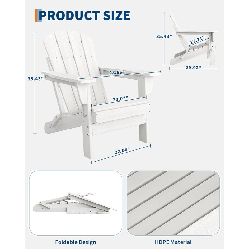 Foldable Adirondack Chair, HDPE All-Weather Outdoor Patio Chair, Oversized Folding Lawn Seat for Garden