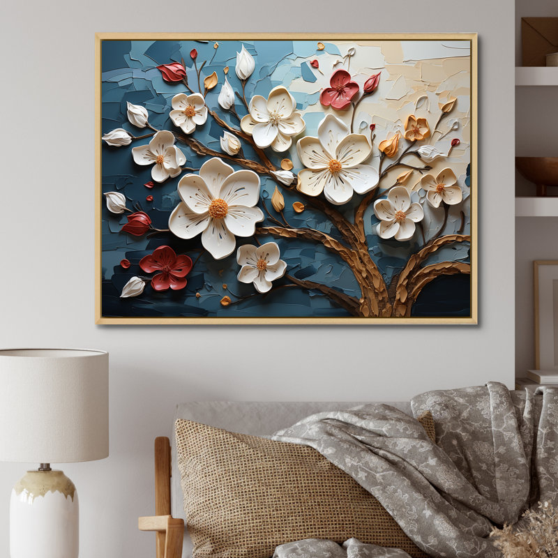 Arbre dynamique à pétales blancs et roses IV - art floral abstrait, H 16 po x l 32 po x P 1 po, Cadre flottant brun