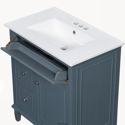 Meuble-lavabo autoportant de 30 po avec comptoir d'évier, armoire en bois massif et panneau de fibres à densité moyenne avec 1 tiroir rabattable et 2 tiroirs, tablette réglable, bleu gris