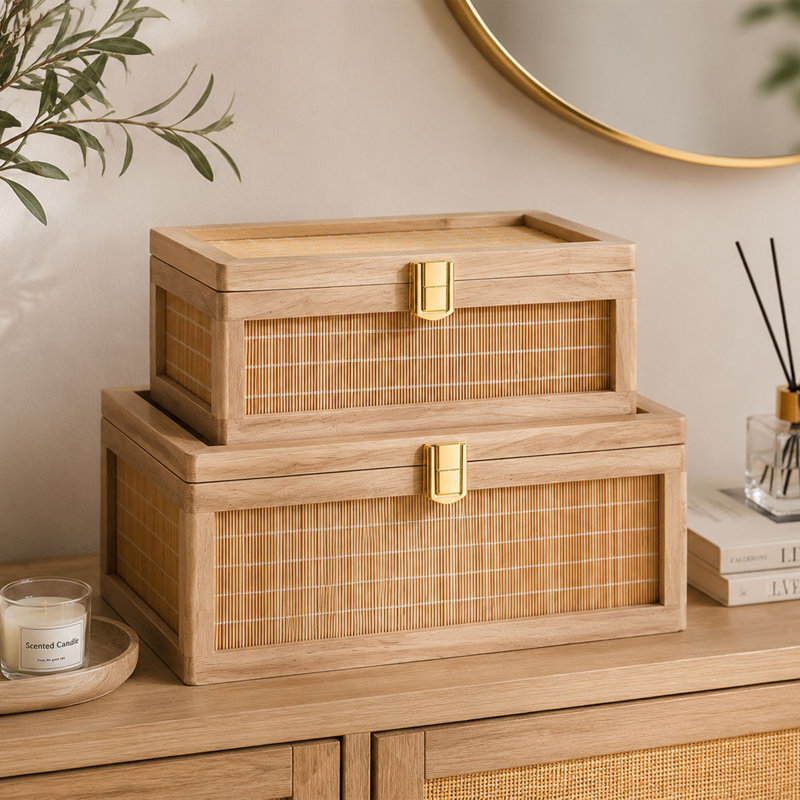 Ensemble de boîtes de rangement décoratives, boîtes à souvenirs en bambou et bois avec couvercles à charnières et fermeture à loquet (ensemble de 2)