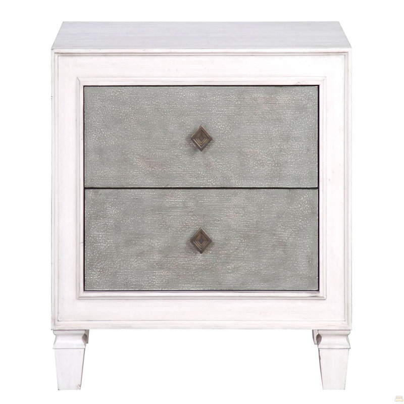 Table de chevet 2 tiroirs gris rustique et blanc vieilli