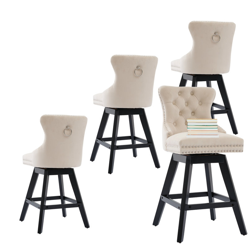 Velvet Swivel Tufted Wooden Barstools Set of 4, Beige