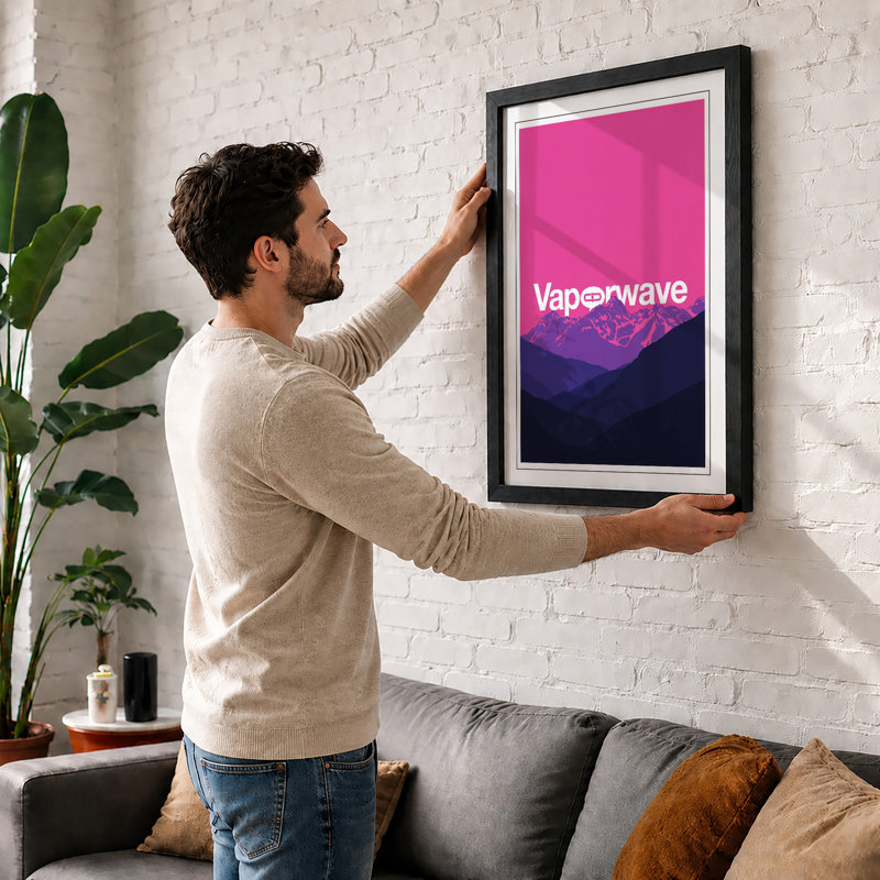 Vaporwave Mountains Retro - Framed Print, A4 - 29.7 x 21.0 cm, White