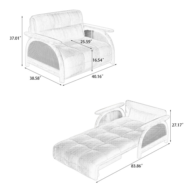 Petit salon en osier avec canapé-lit convertible, H 37,01 po x l 40,16 po x P 38,58 po