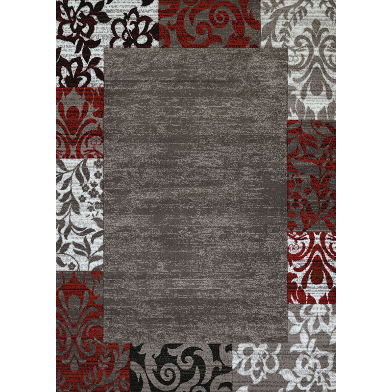 Tapis gris / blanc / rouge Ponca, Rectangle 5 pi 3 po x 7 pi 2 po