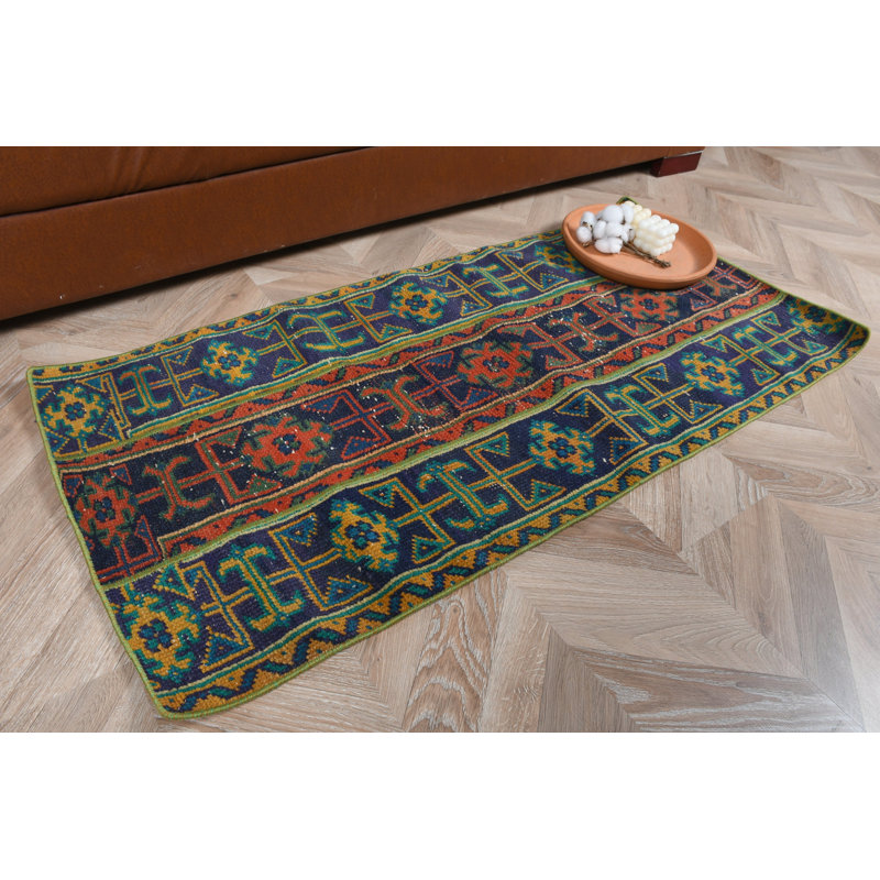 Vintage Turkish Door Mat in Bold Geometric Patterns with Rich Red and Blue Tones Handwoven for Unique Home Decor