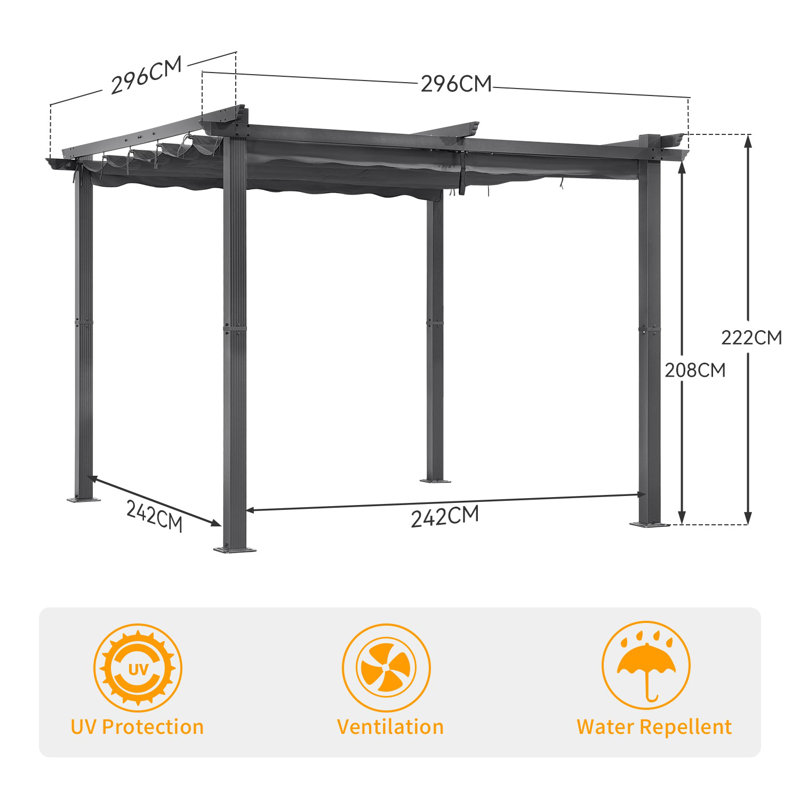 Angel Living 3x3M Aluminum Patio Pergola with Retractable Canopy for Outdoor Garden Grey, 225cm H x 296cm W x 296cm D, Gray