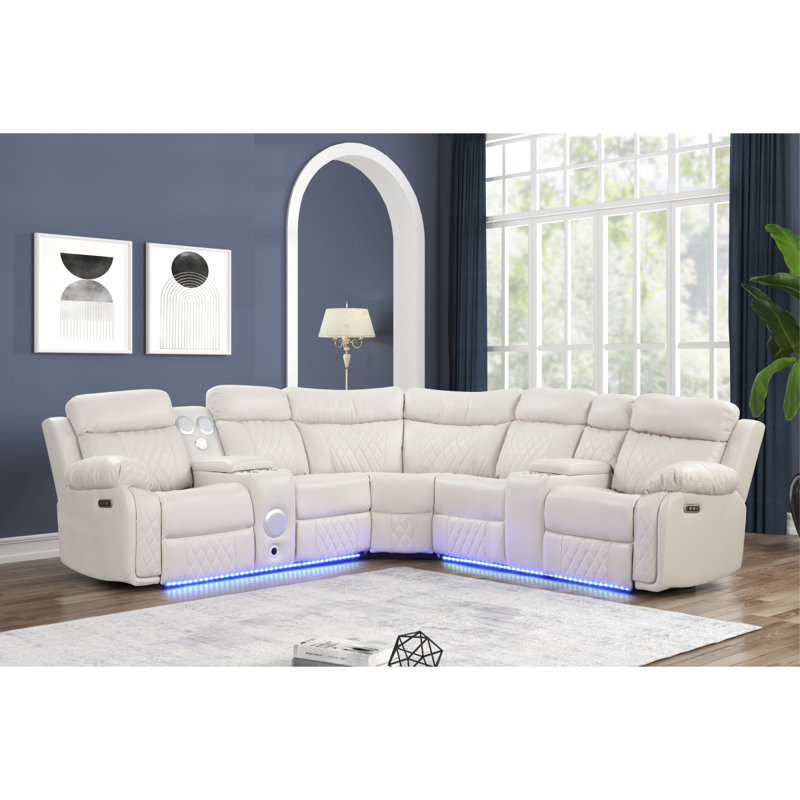 Lacrosse Modern Style Power Recliner Sectional With Bluetooth Speaker And LED Made With Wood & Metal In Beige, Beige Leather