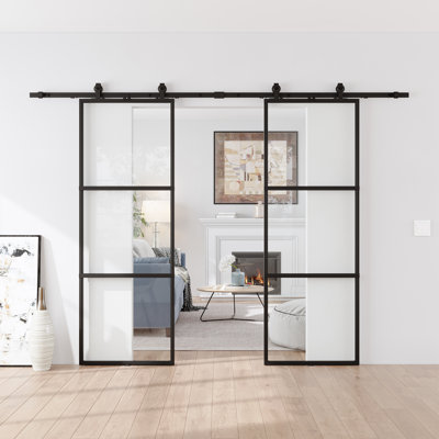 Porte de grange double coulissante en métal et en verre avec quincaillerie d'installation (fermeture en douceur incluse)