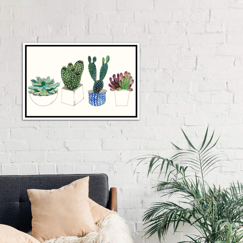 « four plantes grasses ii » par melissa wang-, reproduction d’art, H 18 po x l 26 po x P 1,5 po, Toile blanche encadrée