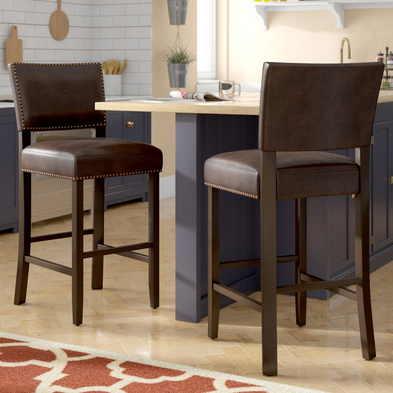 Tewksbury Upholstered Counter Stool with Solid Wood Frame, Dark Brown Faux Leather, Espresso