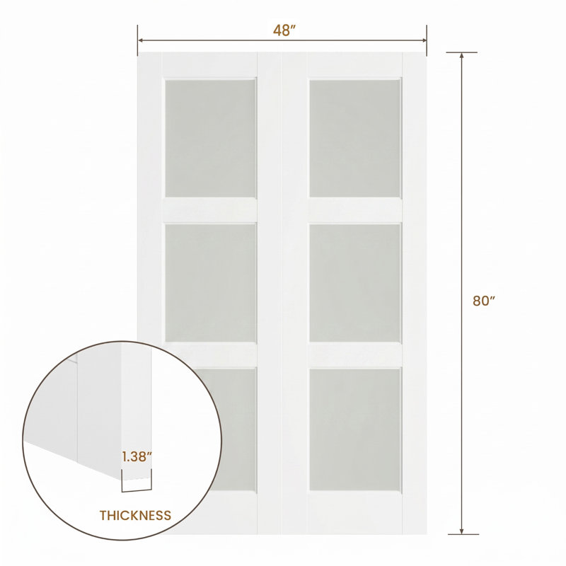 Primed 3-Lite Frosted Glass Solid Wood Double Slab Doors Without Frame and Hardware Kit, 48 po x 80 po