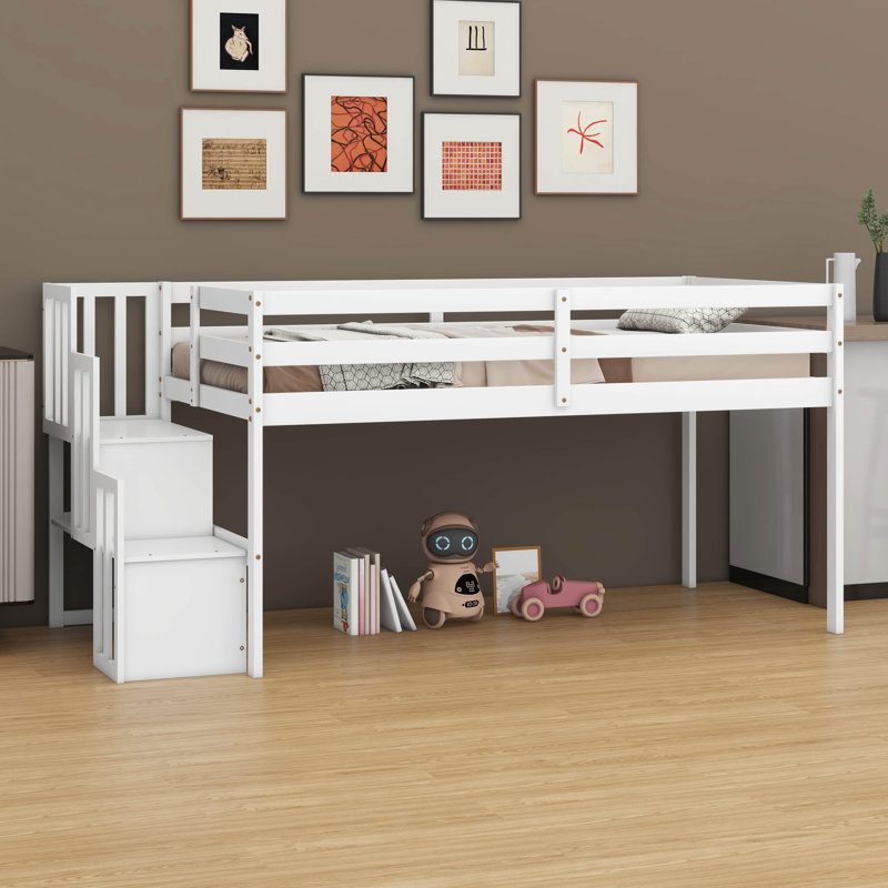 Loft Bed With Built-In Staircase, White