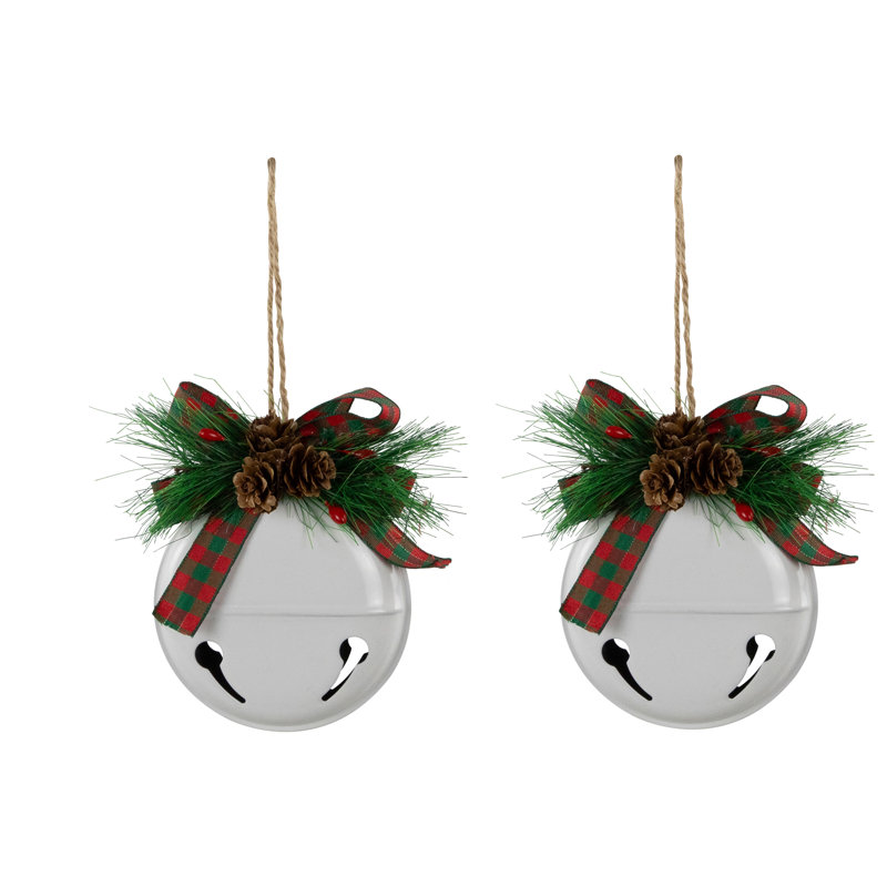 Ornements de Noël Jingle Bells avec nœud et pommes de pin - 5 po - ensemble de 2, Blanc