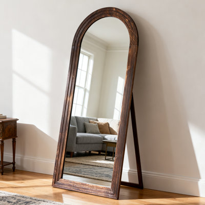 Arched Full Length Mirror With Stand，71x30 Inch Floor Standing Wood Frame Full-length Mirror ,for Bedroom ,cloakroom ,entryway . Tall, Coffee Brown