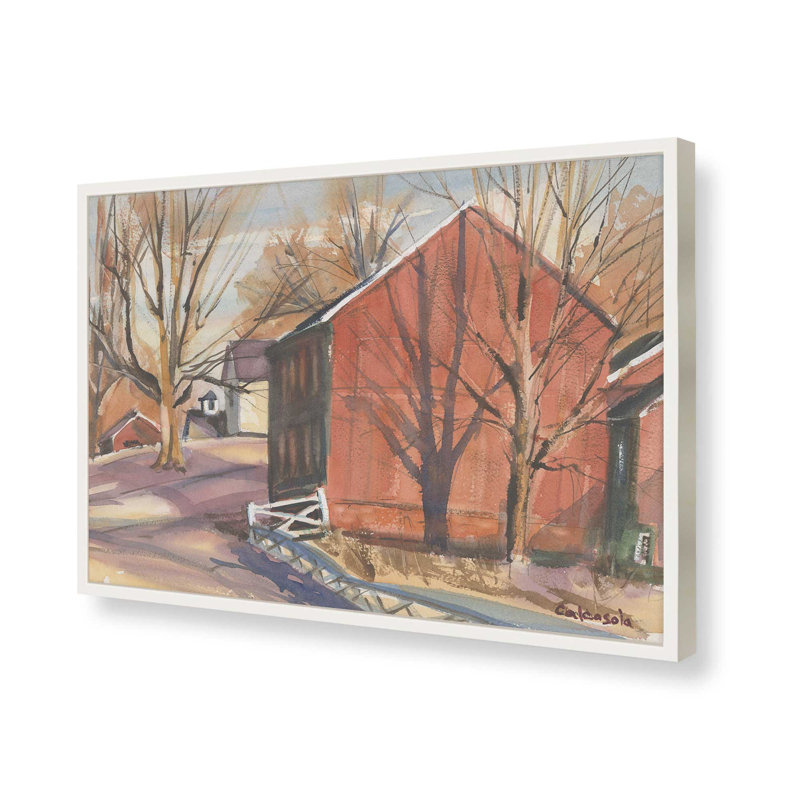 «Red Barn with Barren Trees» par Stephen Calcasola, reproduction d'art, H 12 po x l 16 po, Blanc