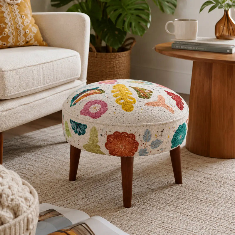 Suzani Patterned Accent Stool, Cotton - White