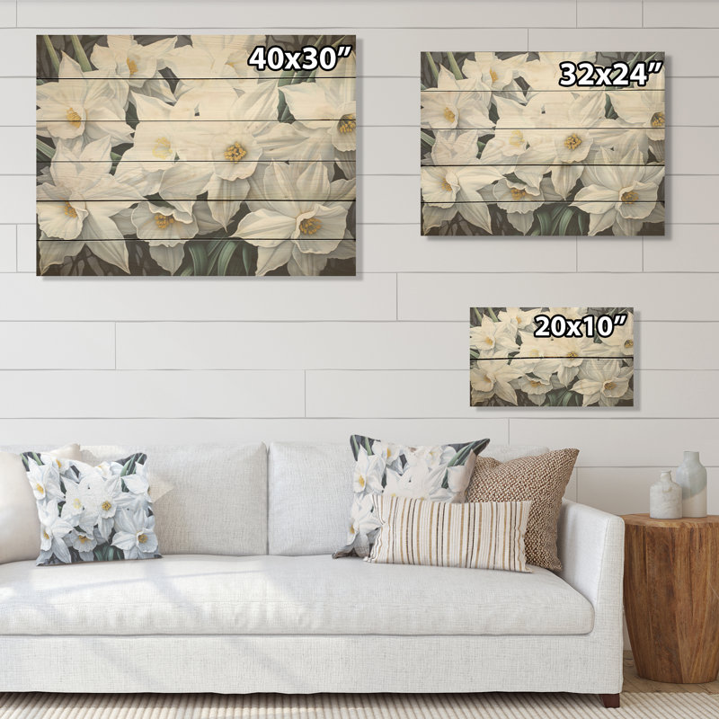 Minimalisme, jonquilles blanches I - Jonquilles, art mural sur bois de pin naturel, H 24 po x l 32 po