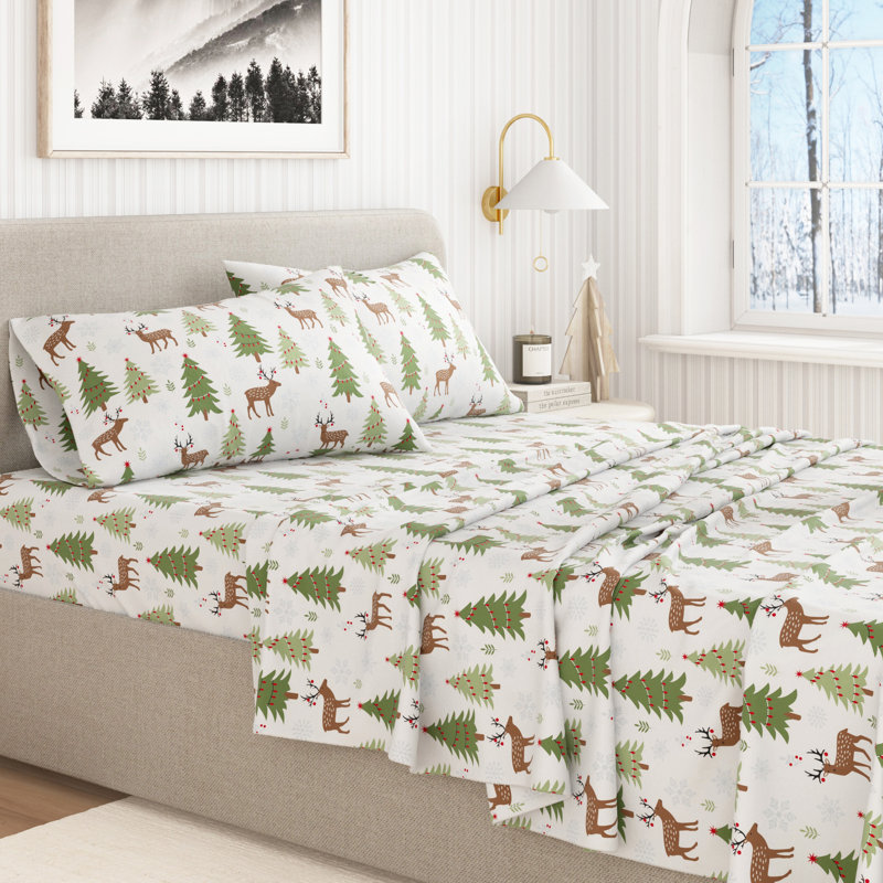 Ensemble de draps 100% flanelle d'hiver en coton turc, Chevreuil, arbres et neige, Twin with 1 Pillowcase