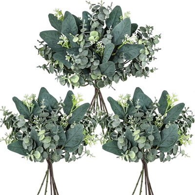 Winlyn 20 pièces de feuilles d'eucalyptus ovales mélangées artificielles en vrac avec des tiges de graines blanches et un vaporisateur pour vase floral