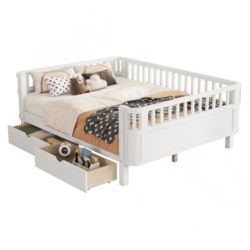 Lit plateforme double pour enfants, lit double profil bas avec rails pour filles et garçons, blanc, Lit double, Blanc