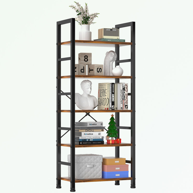 Metal Frame Bookcase with 5 Tier Open Bookshelf, Brown