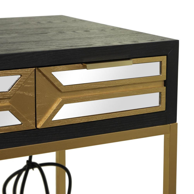 Thetisa Wooden 3 Drawers Desk with Mirrored Front and Outlet, Black