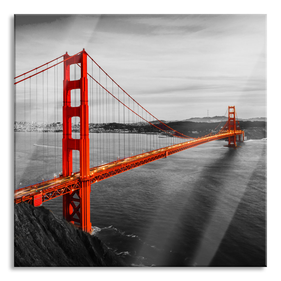 Glasbild Quadratisch | Wandbild Auf Echtglas | Golden Gate Bridge Bei Sonnenuntergang B&W Detail || Inkl. Aufhängung Und...