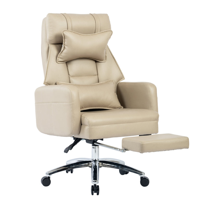 Fauteuil de bureau pivotant ergonomique en cuir à haut dossier avec siège inclinable à 155 °, Beige
