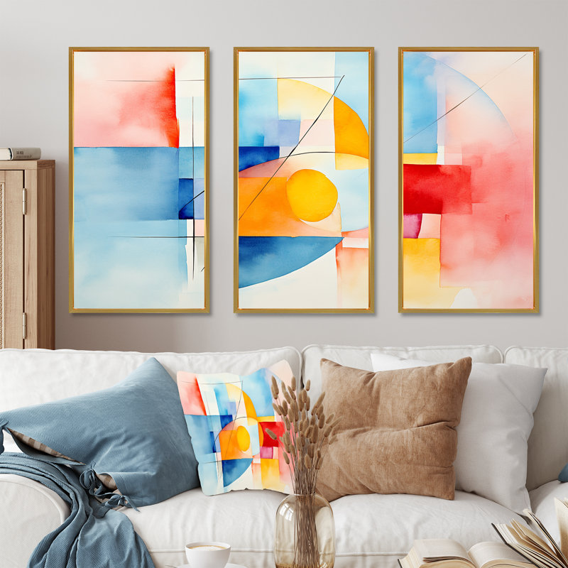 «Pastel Color Geometric Ink Explosion II», art mural géométrique, Cadre flottant doré, H 40 po x l 61 po x P 1 po
